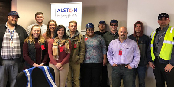Technology Management students are among the many Alfred State groups learning about business, construction, human resources, innovation, manufacturing, marketing, and supply chain techniques from experts at Alstom in Hornell.