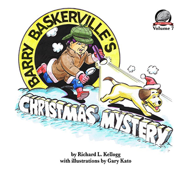 cover art for “Barry Baskerville’s Christmas Mystery,” a book; boy holding a flashlight chasing a dog