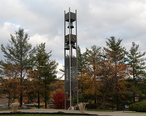 Approximately 6,500 pounds of newly restored bells are hung prior to the 50th anniversary of Hinkle Bell Tower.