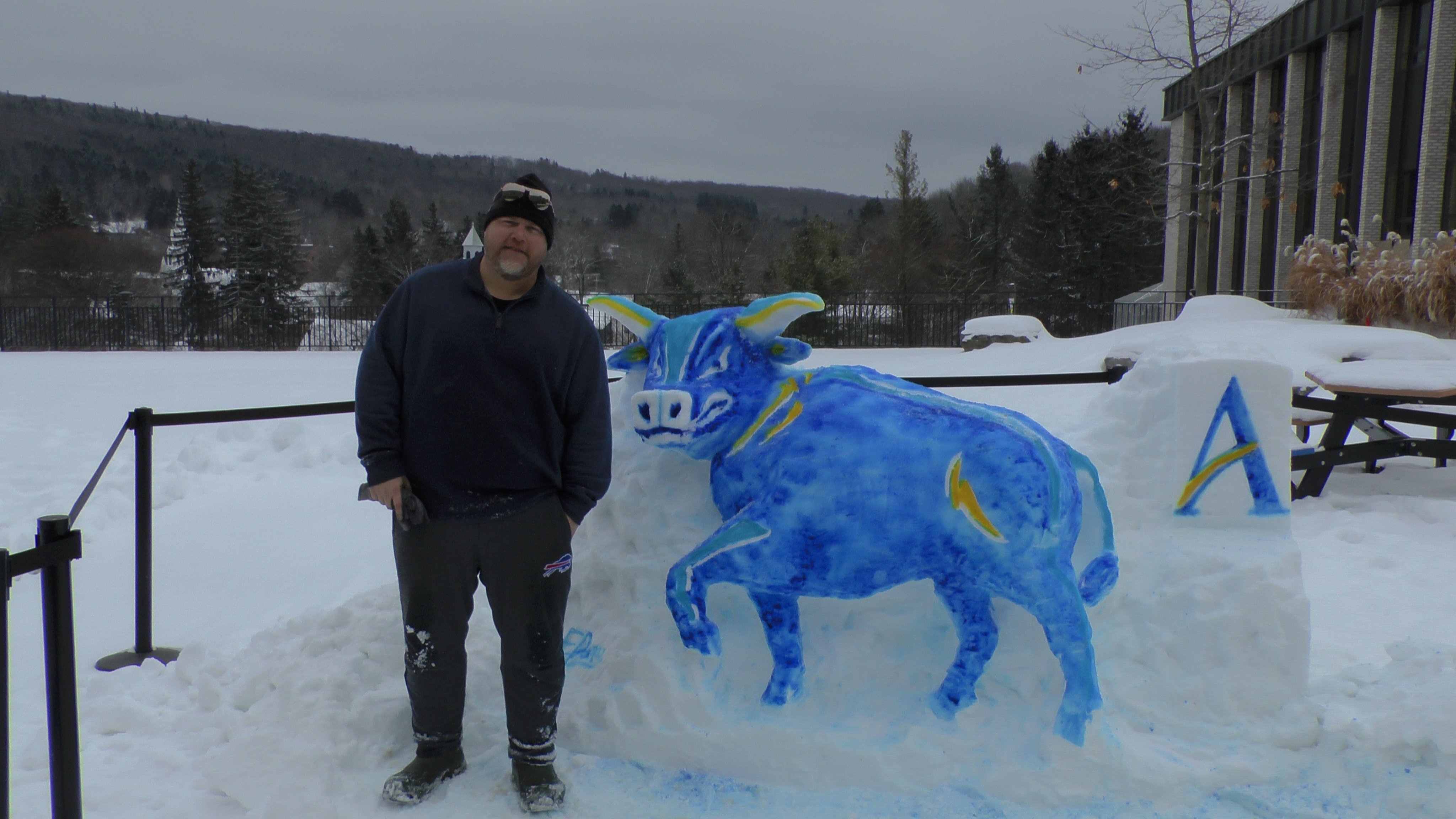 Eric Jones with ox snow sculpture