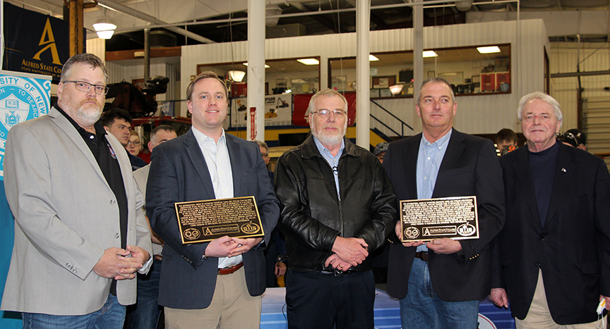 Bryan Abel, Casey Joyce, Craig Clark, Paul McCormick, and Charlie Joyce celebrate the partnership between Alfred State, Otis Eastern, and IUOE.