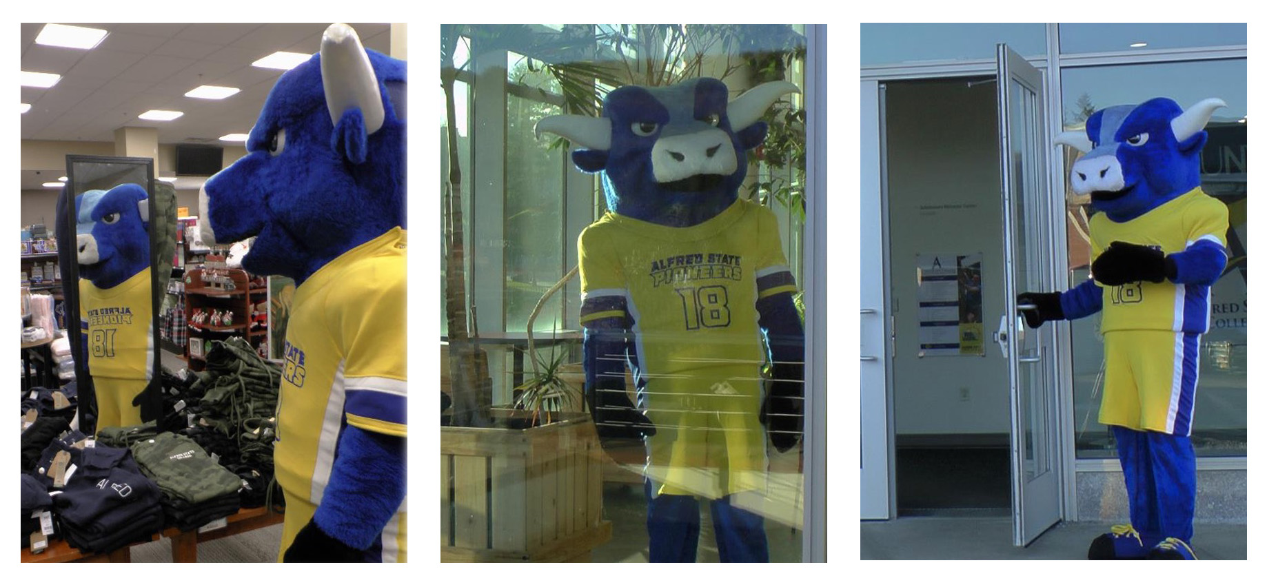 Alfred State Pioneers’ mascot Big Blue helped illustrate the importance of reflecting, evaluating surroundings, and then taking action with mirrors, windows, and doors.