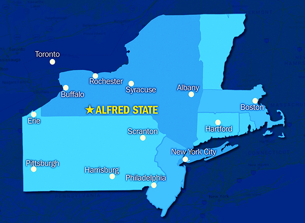 Alfred State located on map of NY, PA and New England states