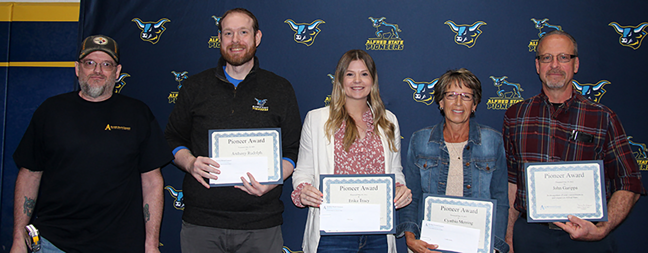 Alfred State’s Keelan Croston, John Garippa, Cynthia Merring, Anthony Rudolph, and Erika Tracy were honored with Pioneer Awards at the annual Recognition Celebration.