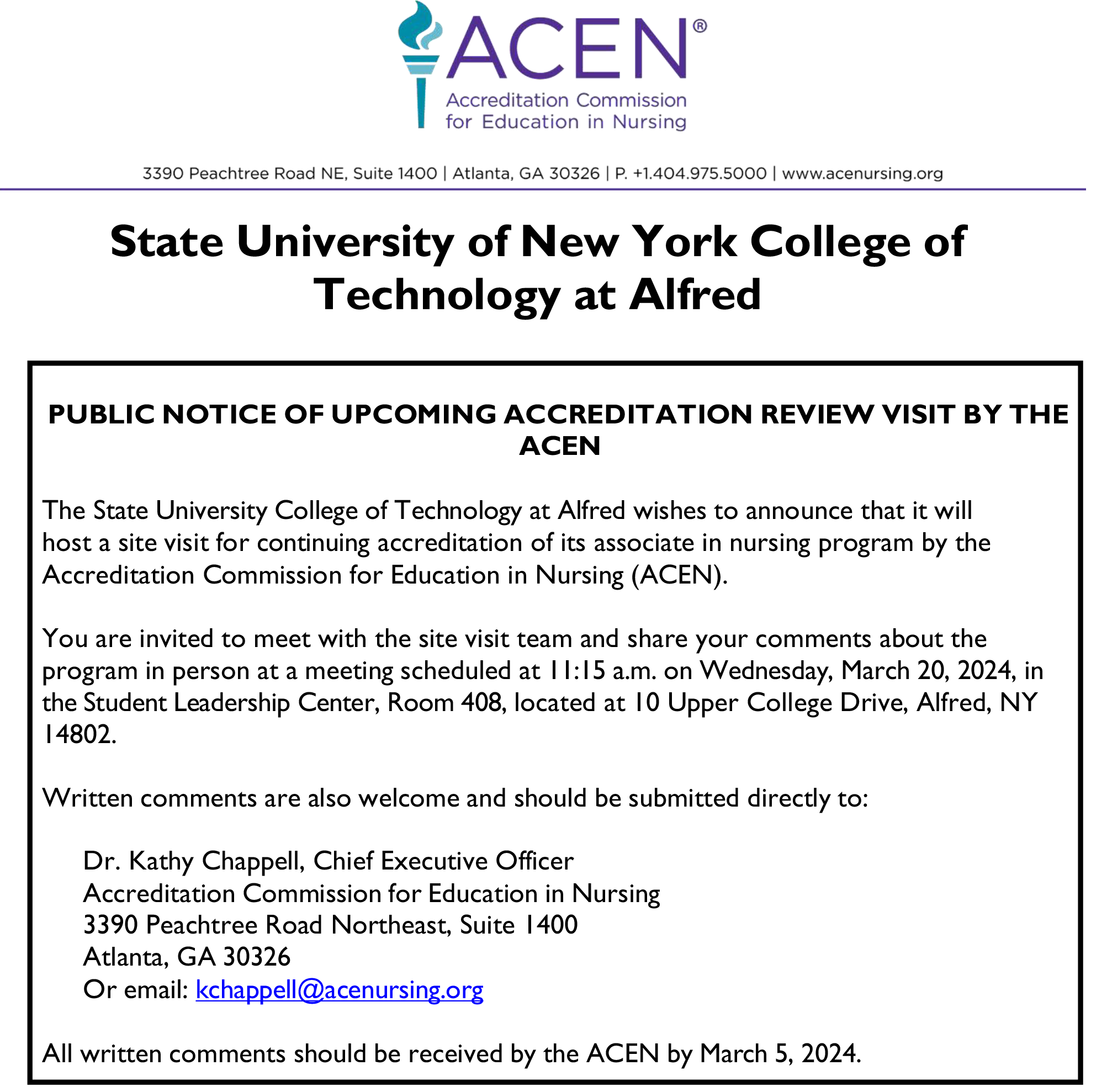 public notice of ACEN visit