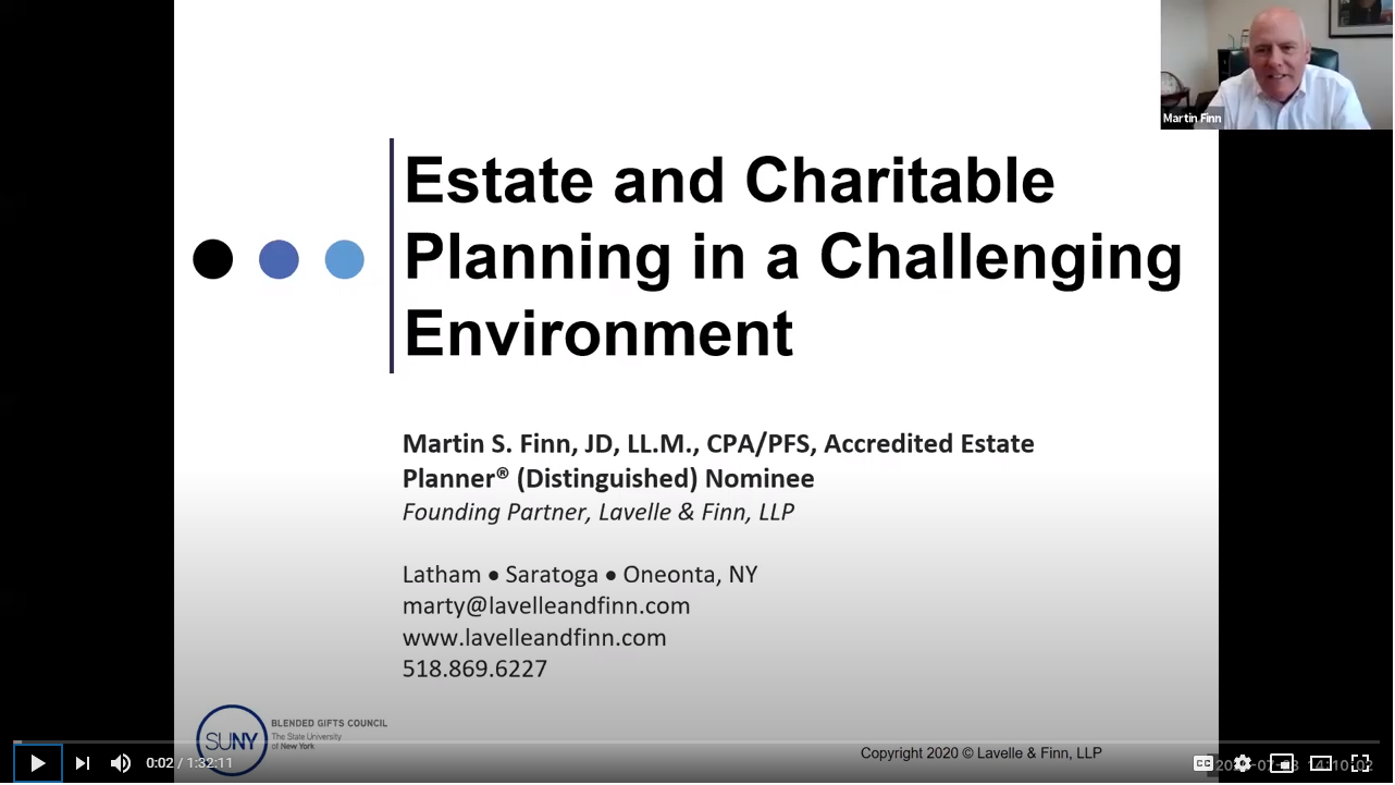 Estate and Charitable Planning Webinar, play button with link to YouTube video 