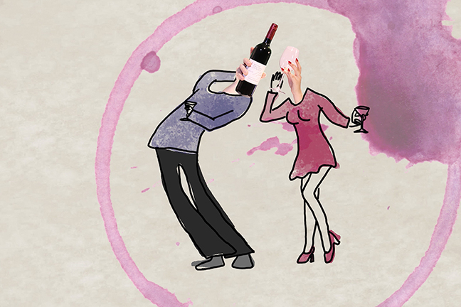 cartoon drawing of two human figures and a wine bottle