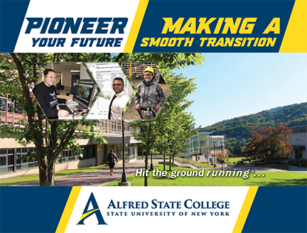 Pioneer Your Future, Making a Smooth Transition, Hit the ground running, Alfred State College, image of Physical Health Sciences building with three students