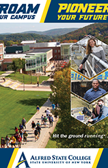 cover of viewbook magazine, shot of center of campus many students walking