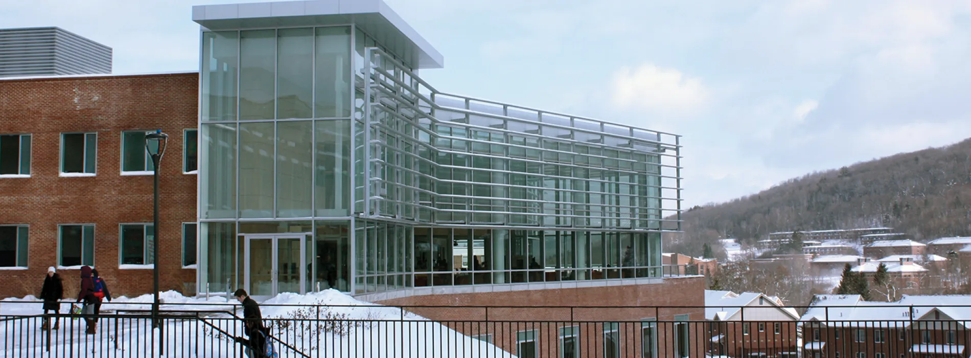 winter view of Student Leadership Center with snow on the ground