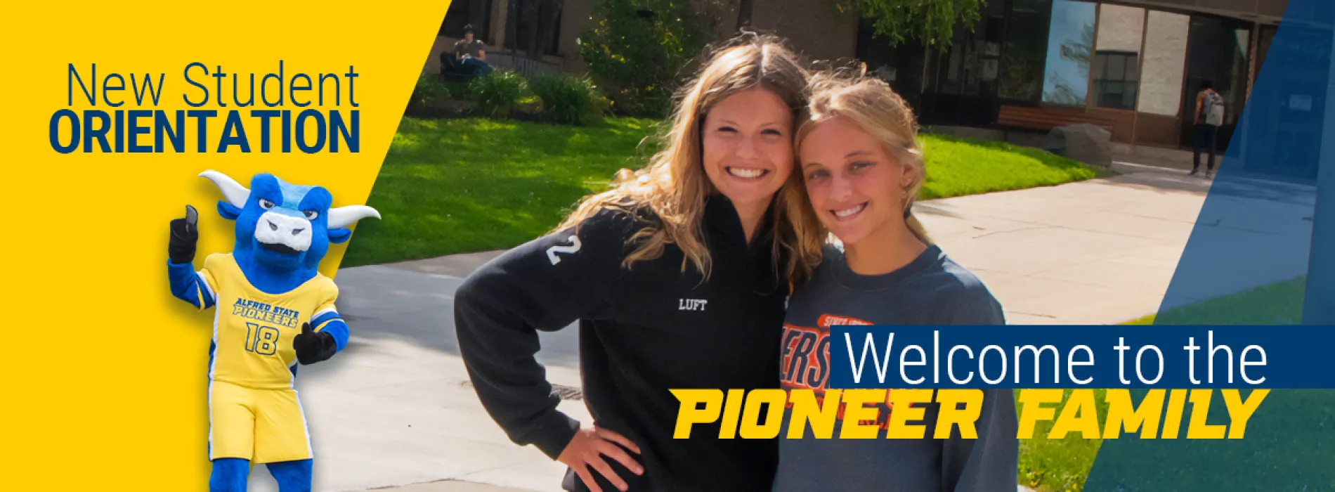 Welcome to the Pioneer Family! Image of ox mascot and students on campus sidewalk.