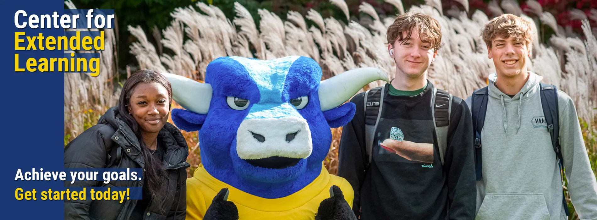 Center for Extended Learning, achieve your goals, get started today! image of the blue ox with students.