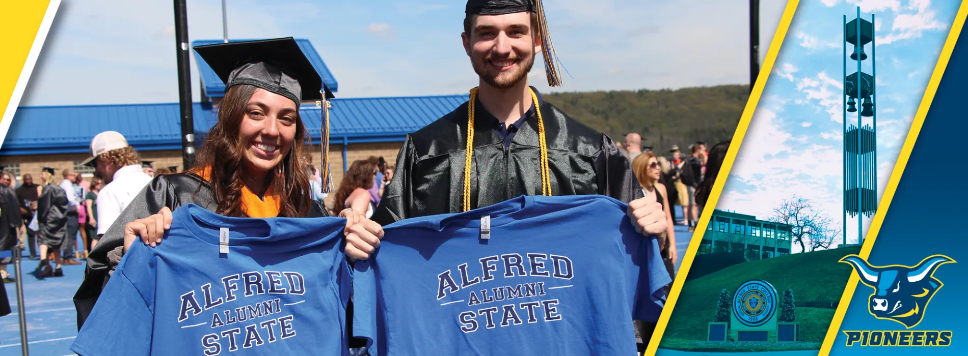 recent grads holding alumni t-shirts with big smiles