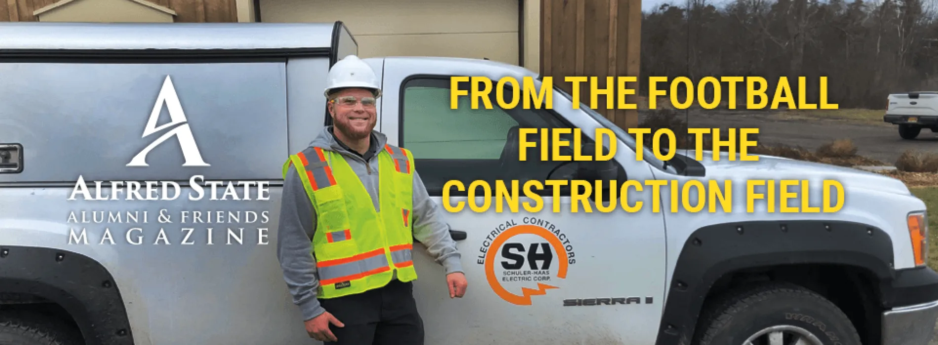 From the football field to the construction field. Image of alumnus Brandon Davis with his work truck, hard hat, and safety vest.