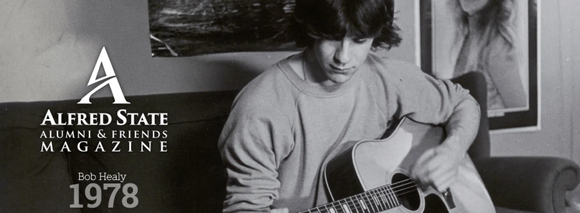 Alumni magazine logo, image of Robert Healey playing guitar in dorm room. Bob Healey 1978