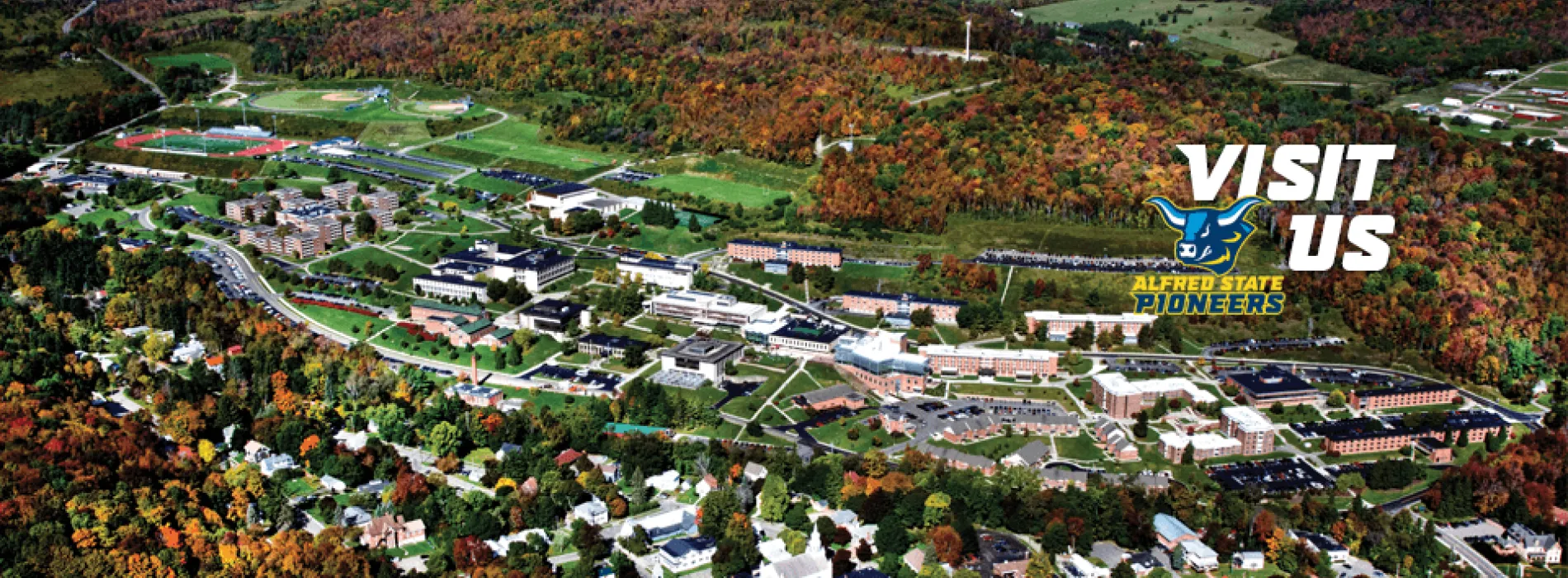 Link to visit us page. Image of Alfred State Pioneers mascot ox head and arial view of campus with foliage.