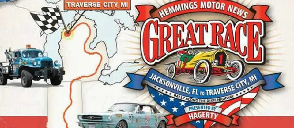 Great Race logo and images of cars and a map