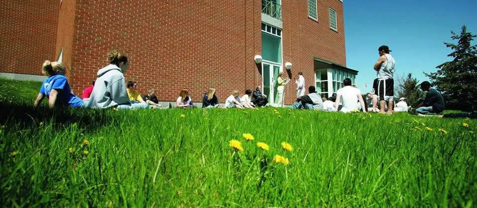 students sitting in the grass during a class outside