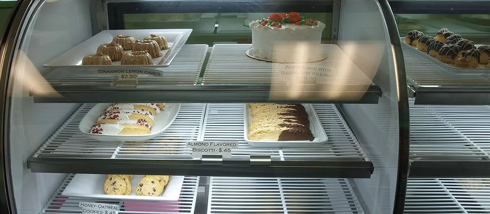 bakery case with desserts
