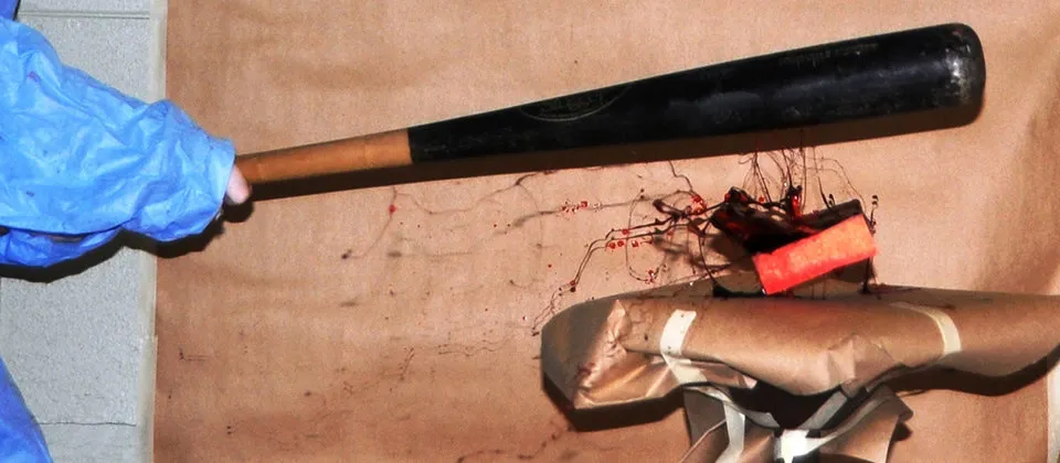 baseball bat smacking blood onto brown paper