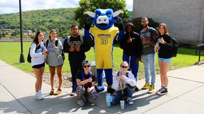 Students pose with Big Blue