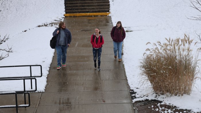 Students embrace the winter weather.