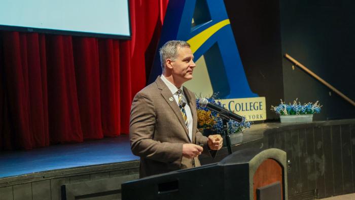 Dr. Mauro addresses Alfred State faculty and staff.