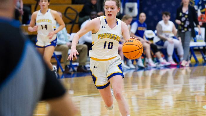 Taylor Benjamin drives the net against Penn State-Behrend.