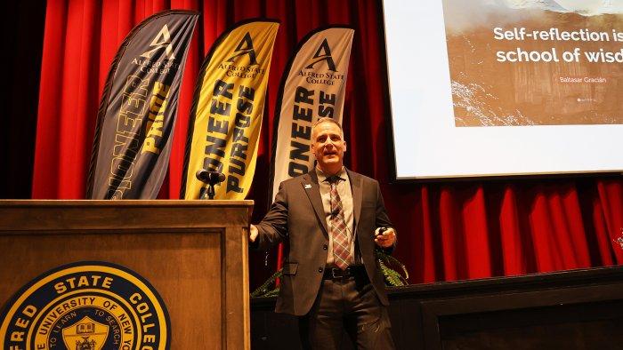 Dr. Mauro addresses Alfred State faculty and staff.