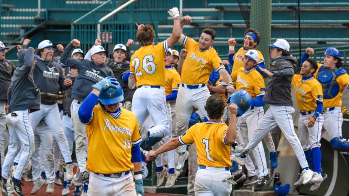 Alfred State baseball celebrates a semi-finals win