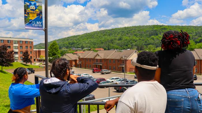 Students enjoying the view outside SLC