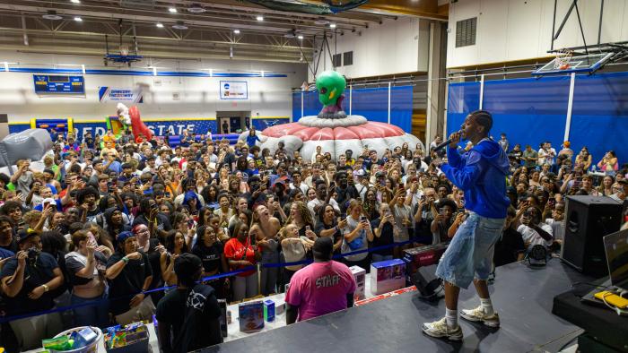 Zeddy Will performs in Orvis Gymnasium