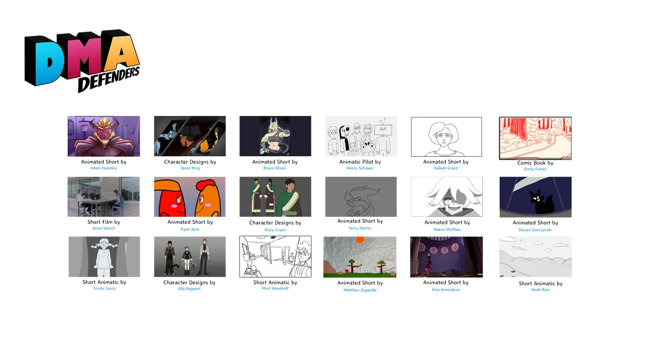 A digital collage showcase all 18 art pieces found in the DMA Senior Showcase.