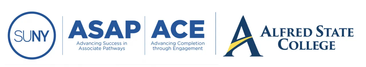 Four logos separated by blue vertical lines. One is the SUNY circular logo, followed by the ASAP logo, the ACE logo, and finally thee Alfred State College logo.