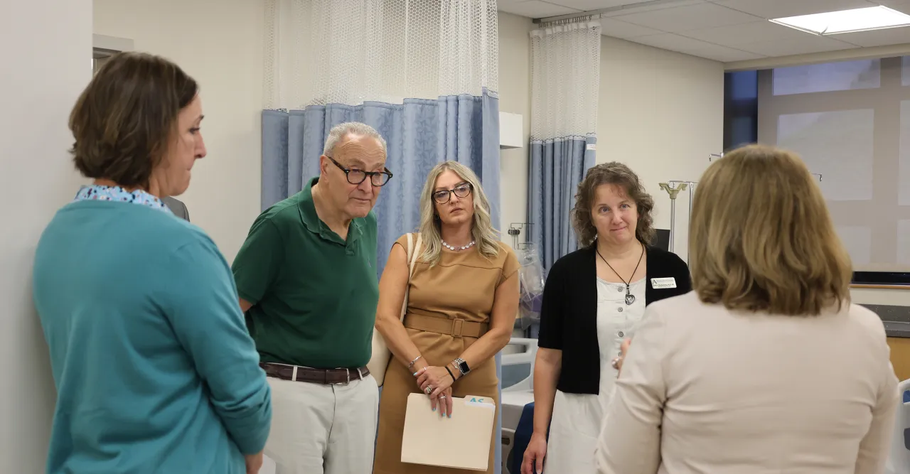 Senator Schumer speaks with Alfred State professors and academic leadership in a nursing lab