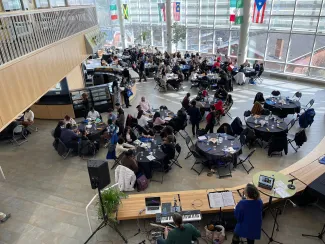 Overhead view of the Students of Color Leadership Conference held in the Student Leadership Center.
