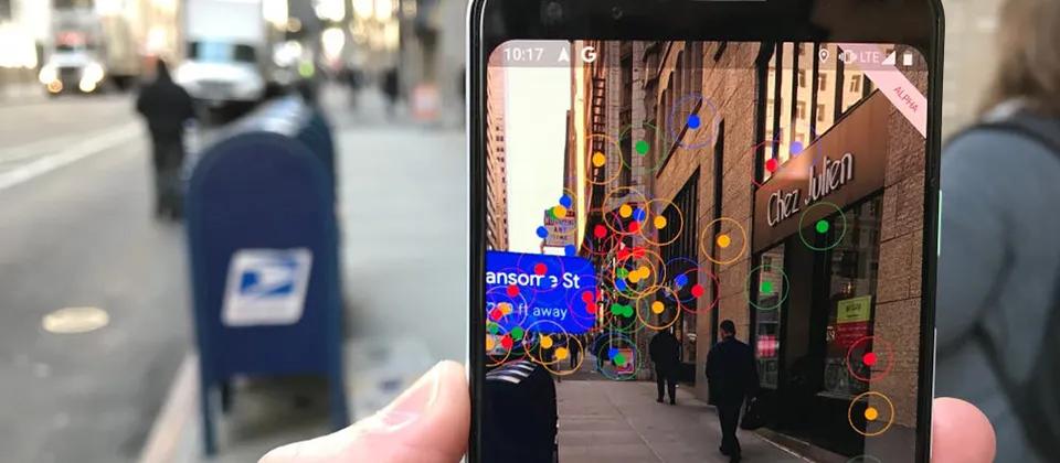 Phone camera showing indicators of objects in augmented reality.
