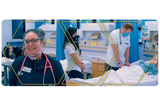 Jess Lippa in a nursing lab, students in background