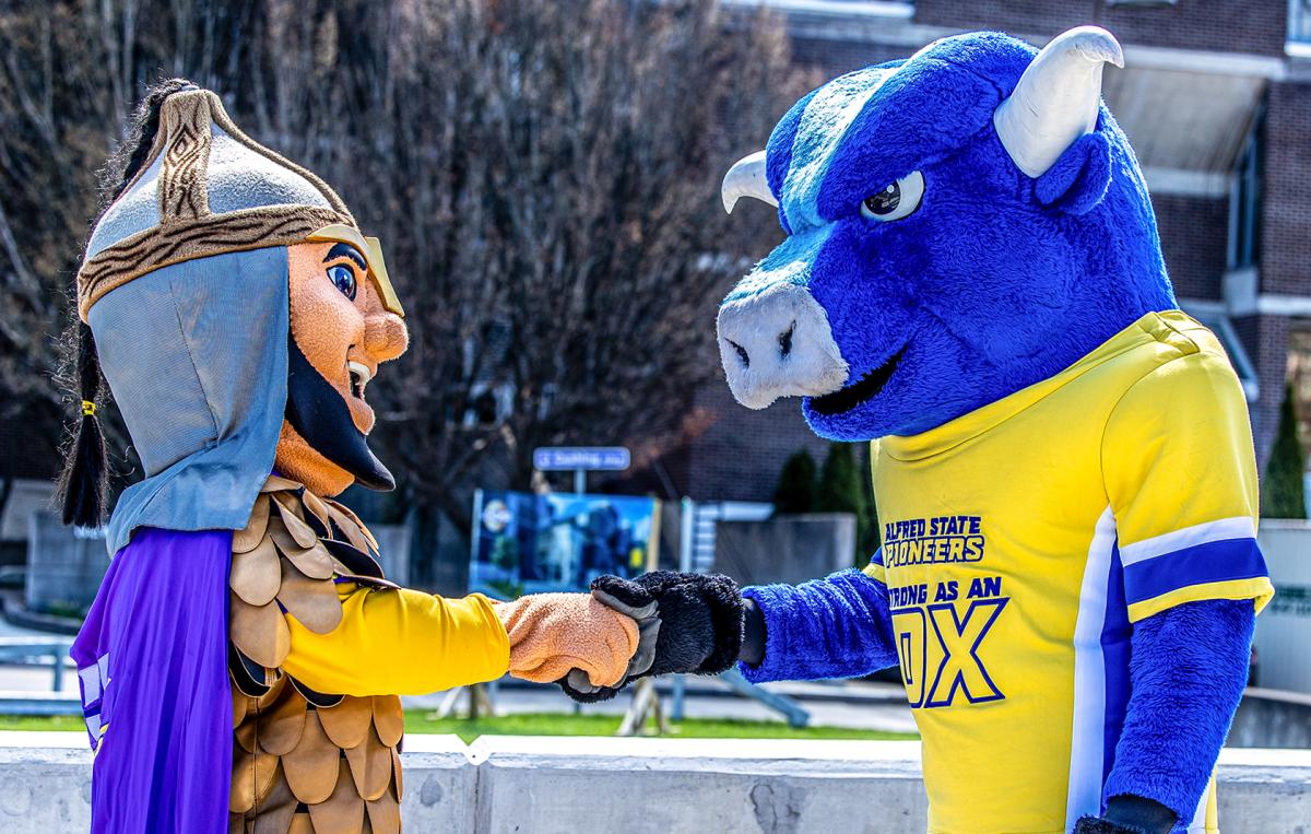 Mascots shake hands in downtown Alfred.