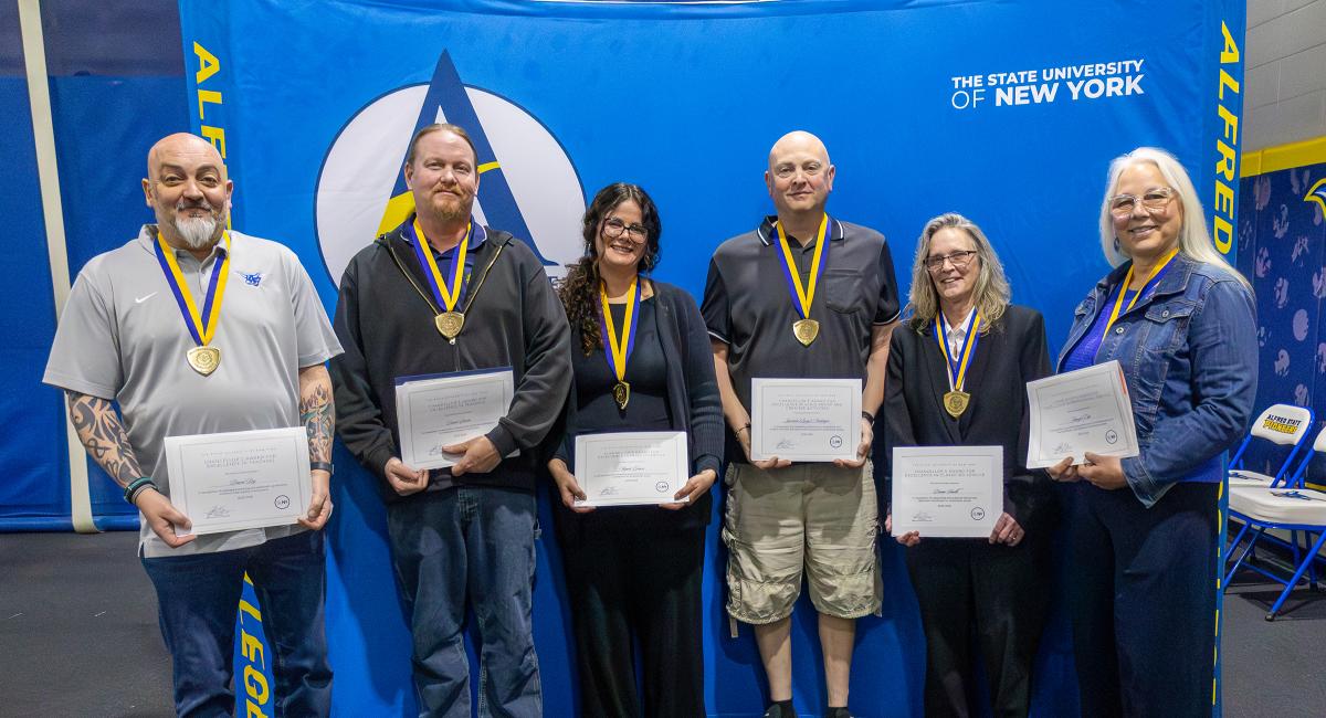  Dr. David Ray, Danel Bowen, Dr. Angela Graves, Larry Neuberger, Deena Smith, and Jen Enke were honored with SUNY Chancellor Awards. They were honored at Alfred State’s annual employee recognition luncheon.