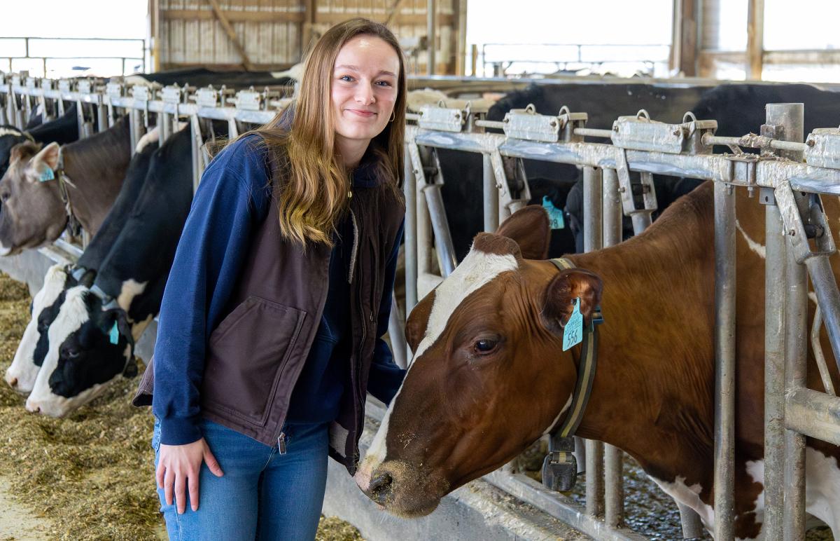 agriculture students stands near a cow
