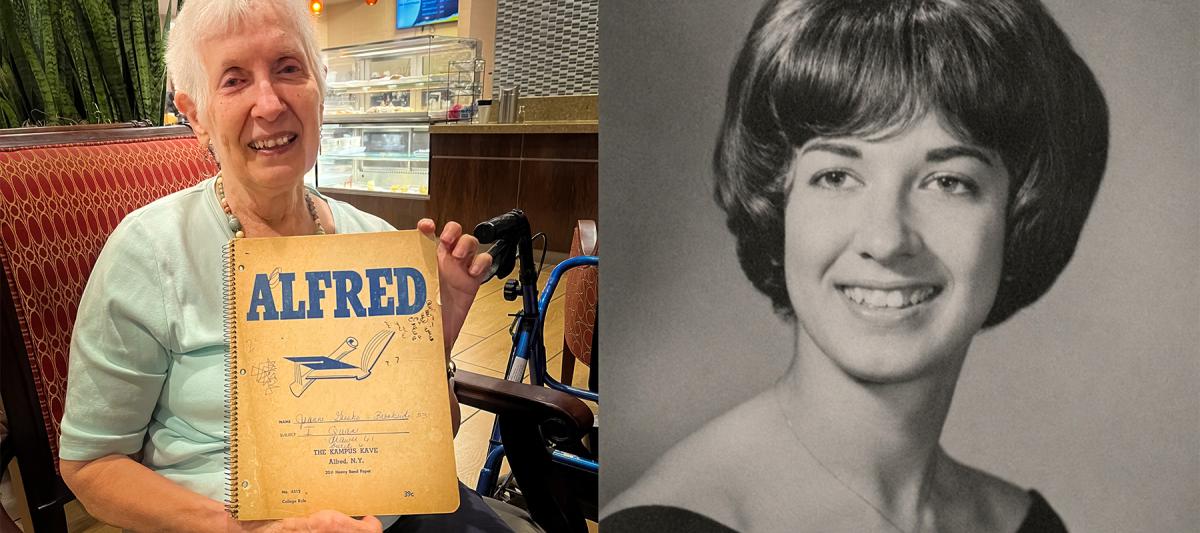 Left: Jeanne Boehlecke shows off a book of poetry that she wrote in while a student at Alfred State. Boehlecke is establishing the Robert Love Memorial Endowed Scholarship to honor her former professor and advisor. Right: Yearbook photo from 1965.