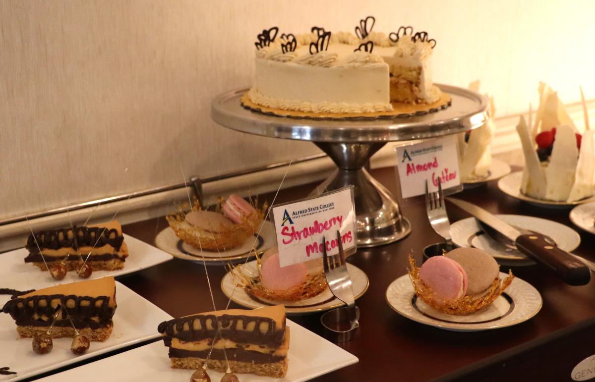 Desserts displayed on a dining cart