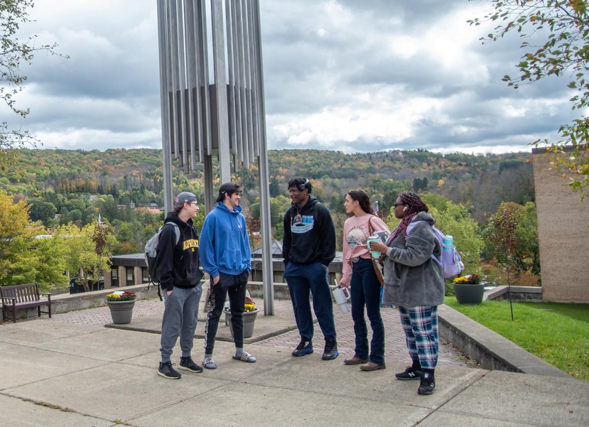 students outside the bell tower