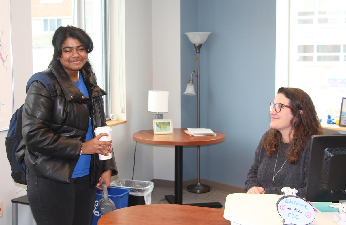 Software Applications Development major, Soumya Konar, works with Maureen Sibble, Director of Career Planning & Development.