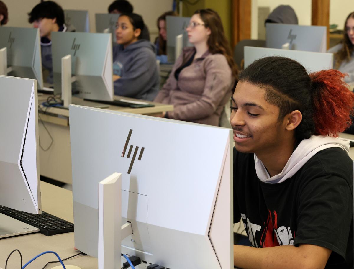 student sits behind computer in a library lab.