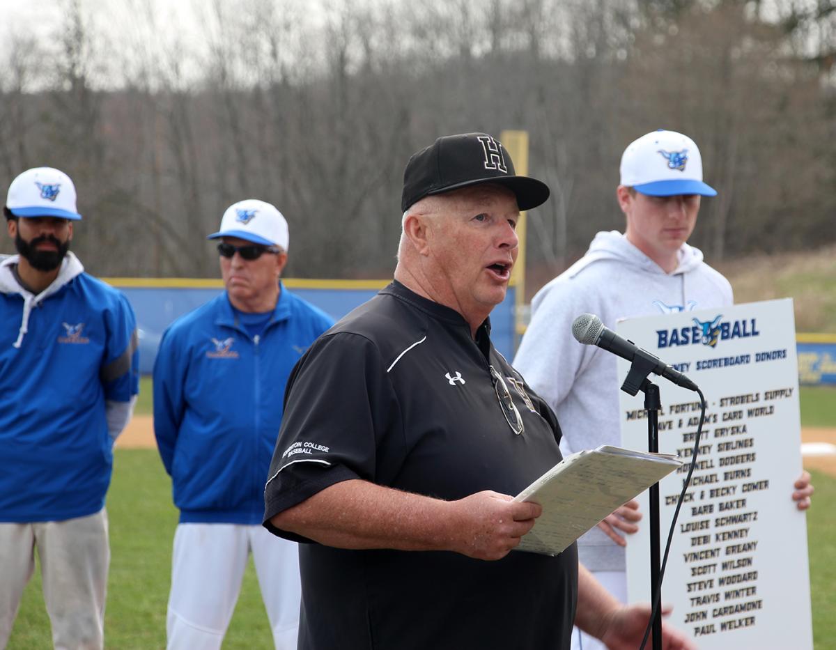 Tom Kenney addresses the fans in a pre-game ceremony that was held before Alfred State took on Houghton University. 