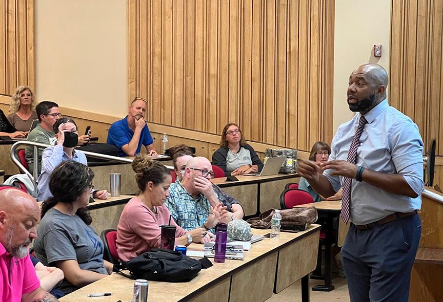LaDonte King speaks to Alfred State College faculty and staff.