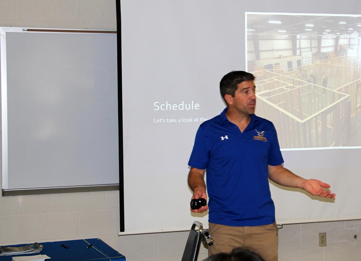 Alfred State College building trades instructor Dan Helveston presents during the 37th annual sophomore career day held on campus.