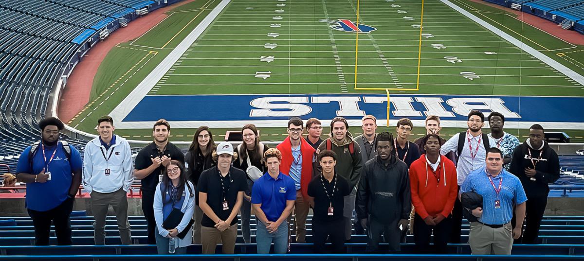 Sport Management students at Highmark Stadium after their training session with the Buffalo Bills.